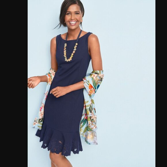 Talbots RSVP Flounce Sheath Dress Navy Blue Embroidered Eyelet Cutout Size 2P - Picture 1 of 9